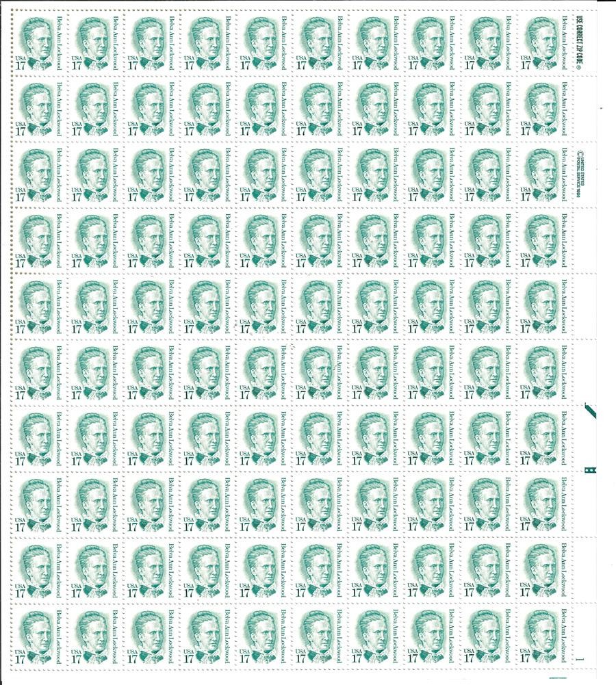 US SCOTT 2178 PANE OF 100 BELVA ANN LOCKWOOD STAMPS 17 CENT FACE MNH
