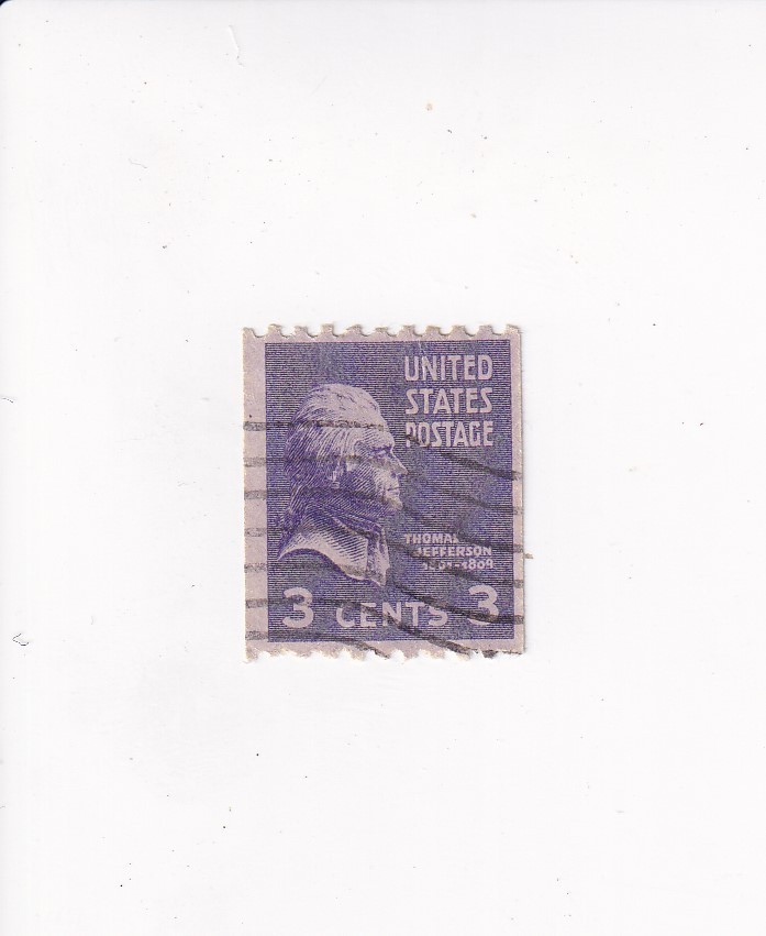 US Stamp 3 Cents PURPLE THOMAS JEFFERSON HORIZONTALLY PERFORATED POSTMARKED