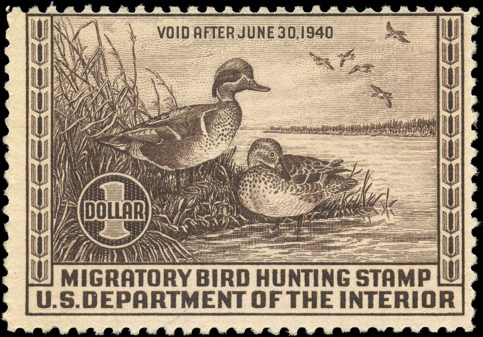 USA Used F $1.00 Scott #RW6 1939 Migratory Bird Hunting Dept. of Interior Stamp
