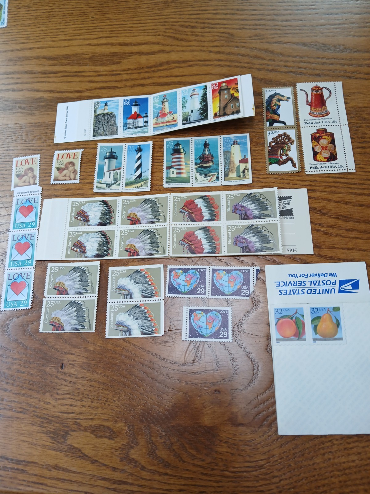 USPS 39 Stamps Love, Lighthouses, folk art, Indian Headdresses15 cent to 32 cent