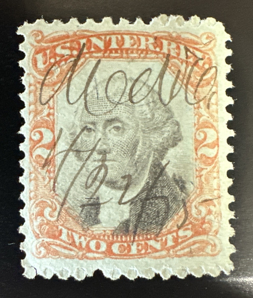 1871-72 2c U.S. Internal Revenue, Orange & Black On Green Paper, #R135b