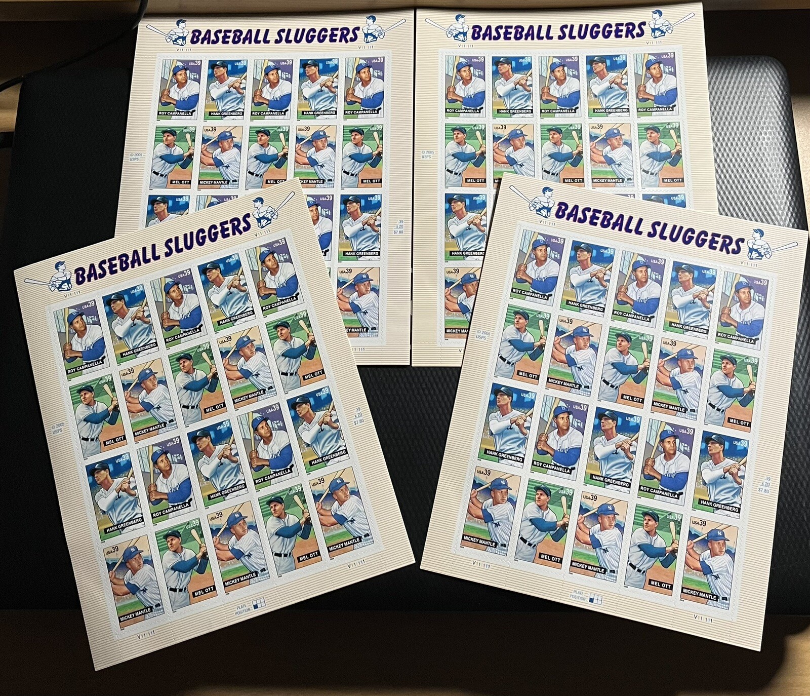 Baseball Sluggers 4 Sheets of Official USPS Postage Stamp Lot – 80 x 39 cent Lot