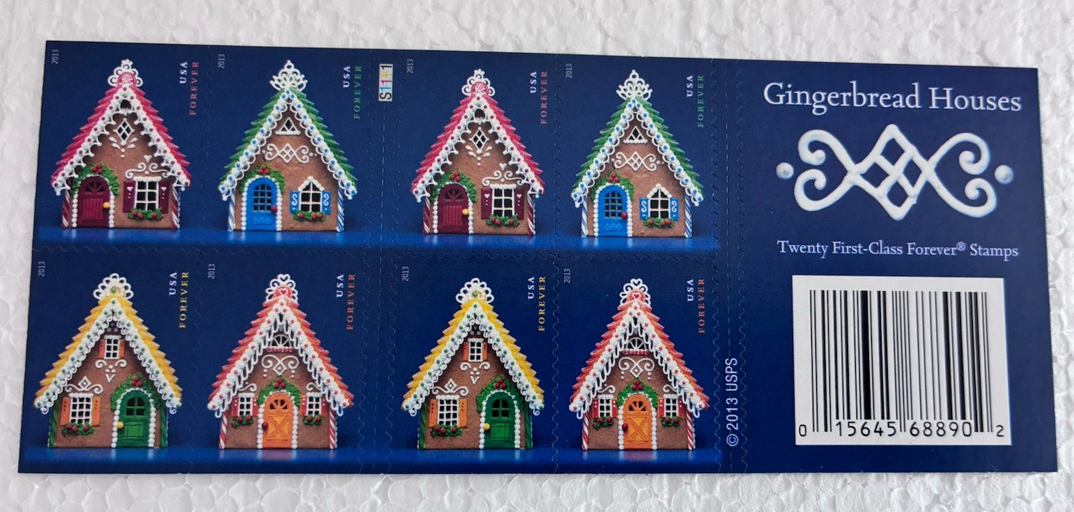 2013 GINGERBREAD HOUSES BOOKLET PANE OF 20 STAMPS FOREVER MNH 4820b