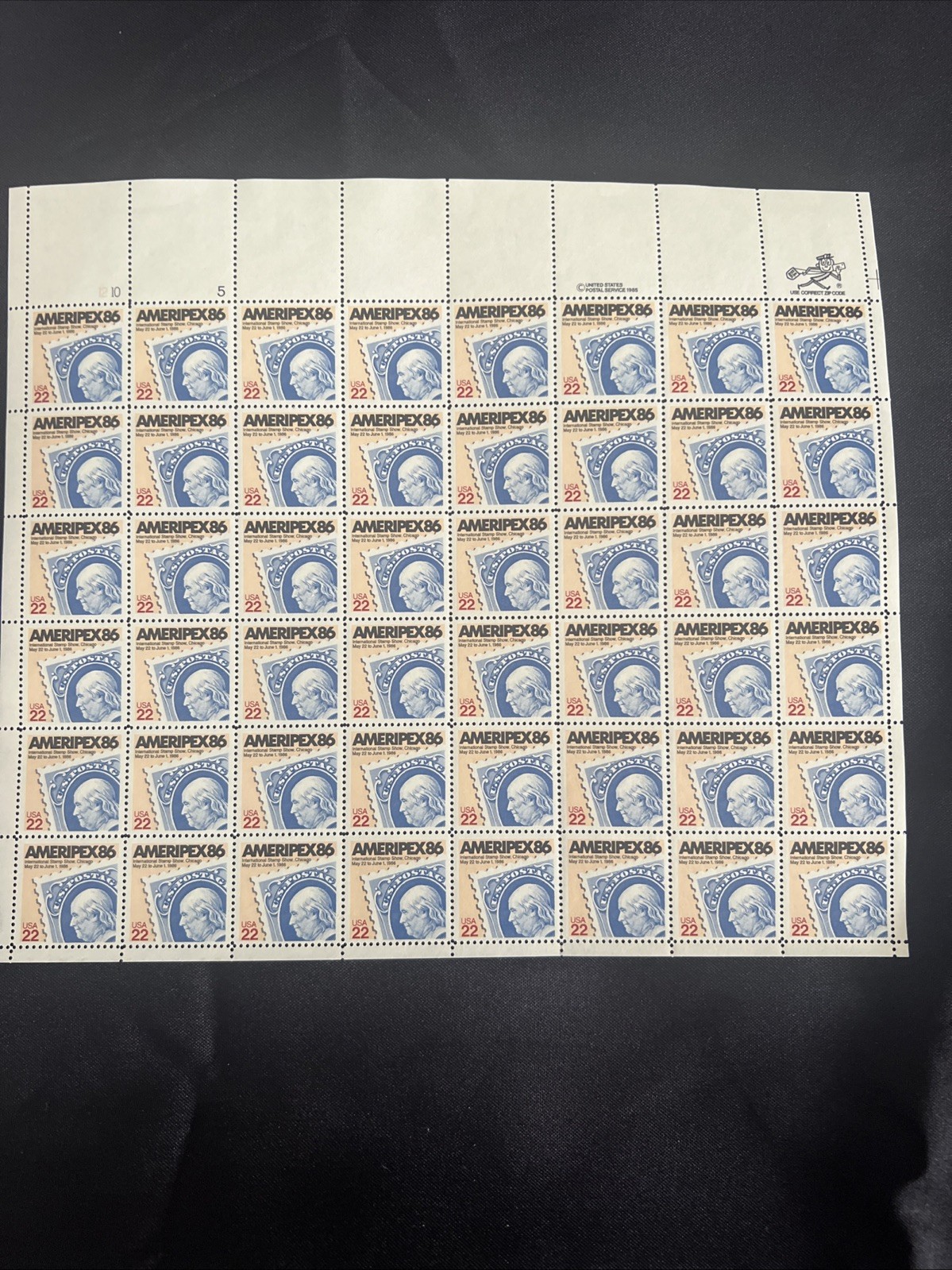 US SCOTT 2145 SHEET OF 48 AMERIPEX 86 CHICAGO STAMP SHOW STAMPS 22 CENT FACE MNH