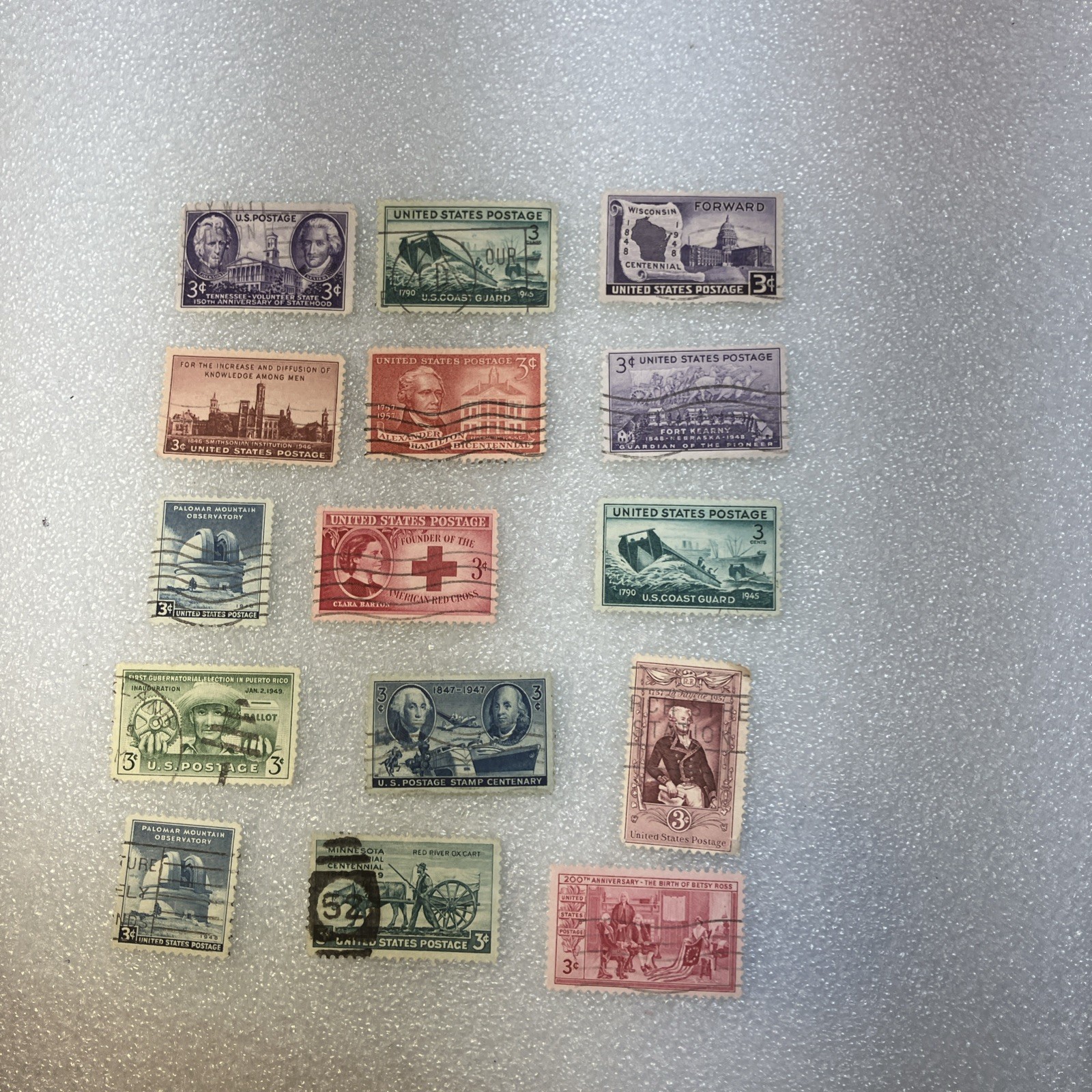 15 USED/Cancelled Commemorative 3c 1941-1955 US Stamps. Varied Lot. $1 Ships.