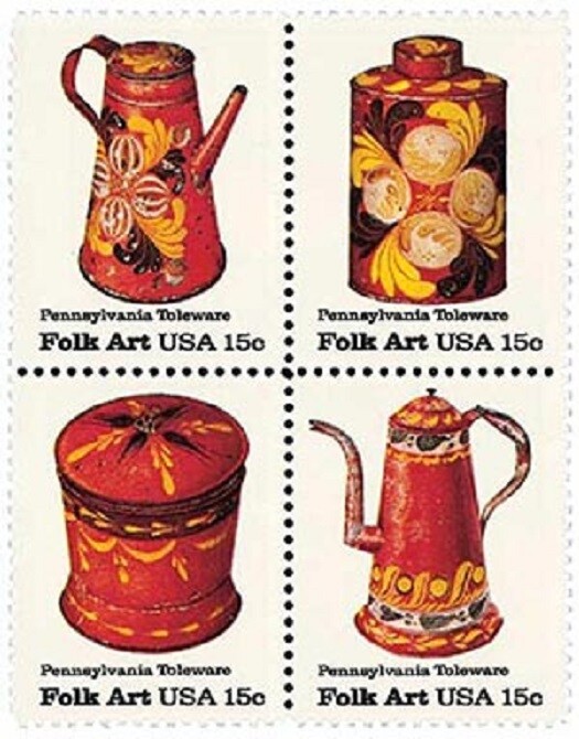 FOLK PENNSYLVANIA TOLEWARE–Block of 4 Collectible Unused 1979 Stamps-FREE SHIP