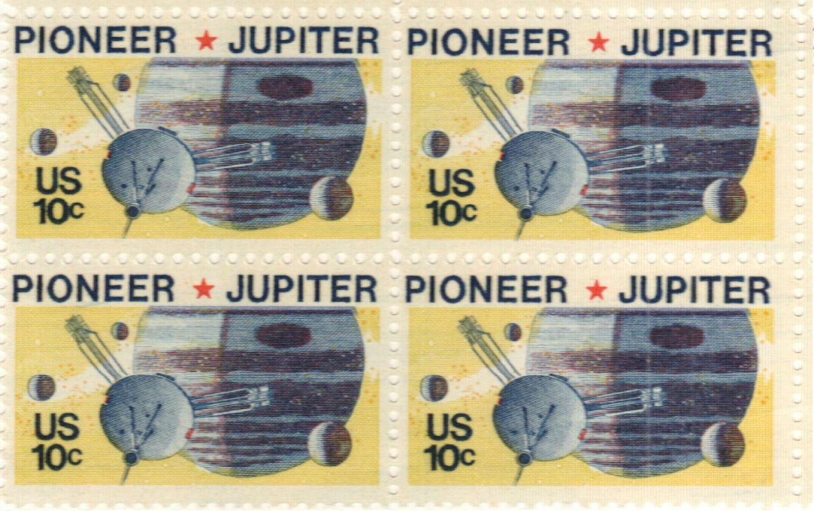PIONEER JUPITER–Block of 4 Collectible Unused 1975 Stamps–FREE SHIPPING