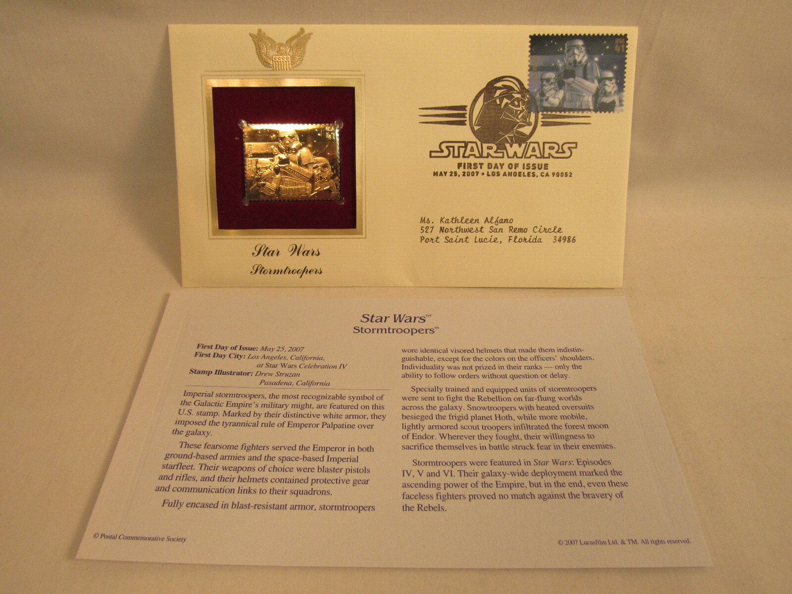 Stormtroopers Star Wars Disney 22KT Gold Stamp 1st Day USPS