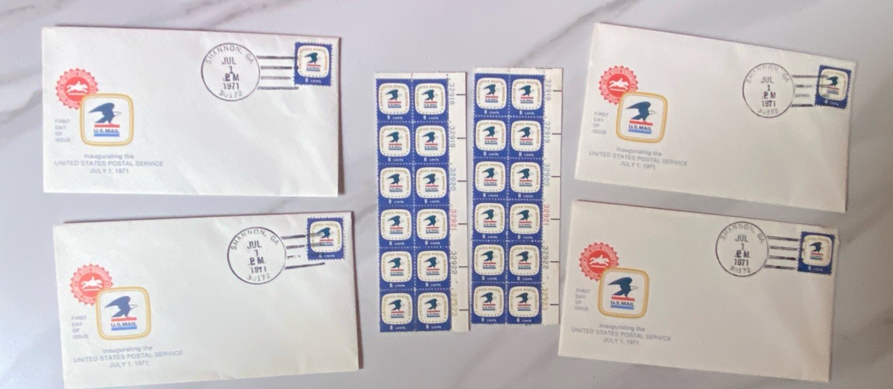 Lot Of VTG 1971 US POSTAL SERVICE STAMP USPS 8c US MAIL 4 Covers & 2 Plate Block