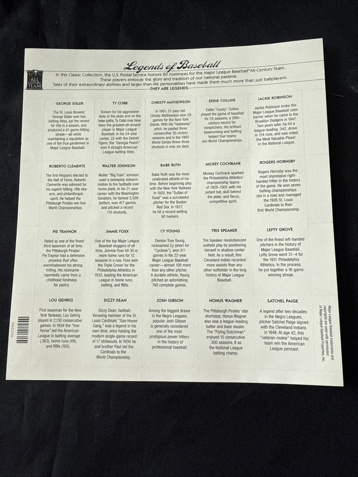 USPS 2000 33-cent Legends of Baseball Collection Major League All-Century Team