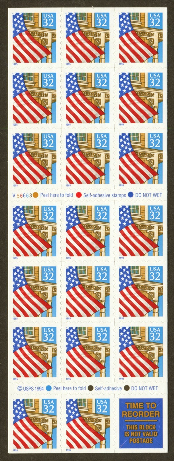 U.S. Scott# 2920a, 1995 Flag/Porch Issue, Plate# V56663, Pane of 20, SCV: $13.00