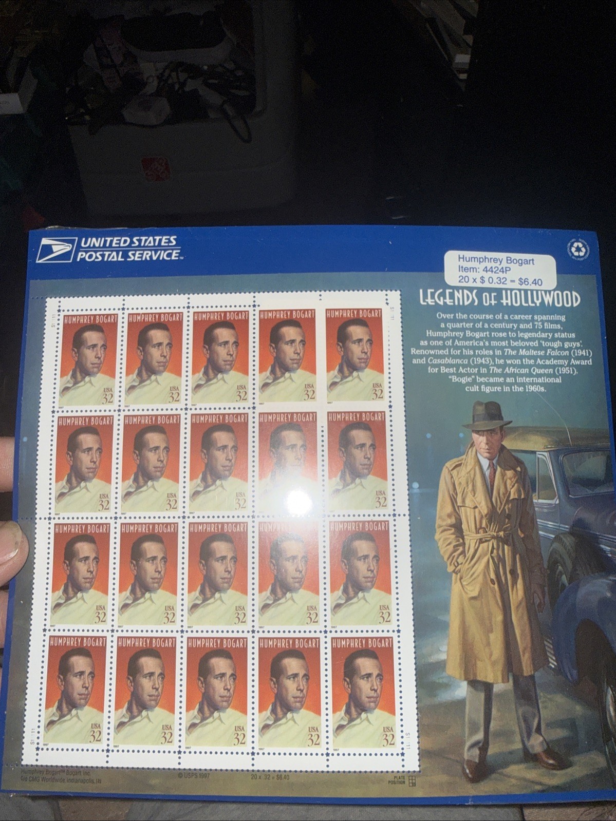 Legends Of Hollywood – Humphrey Bogart Stamps Full Sheet of 20 US Sealed 4424P