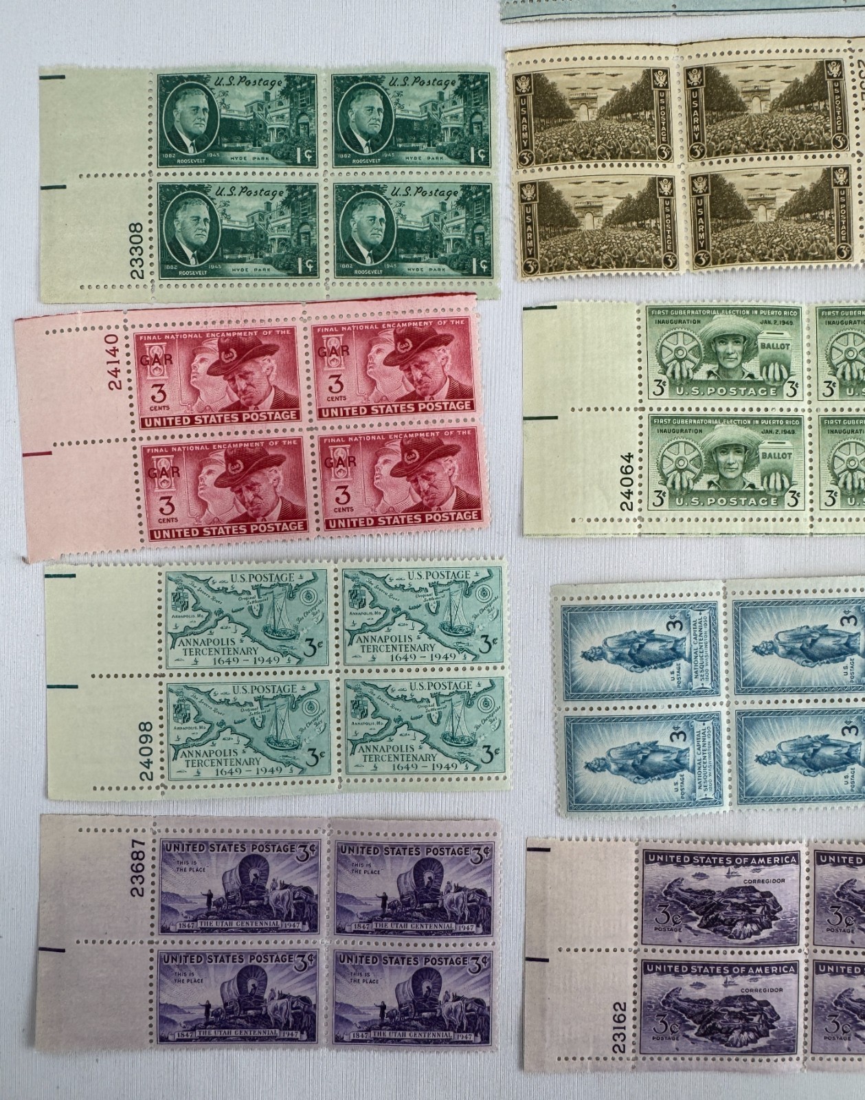 13 Different US Commemorative Plate Blocks of 4 1945–1952 American History