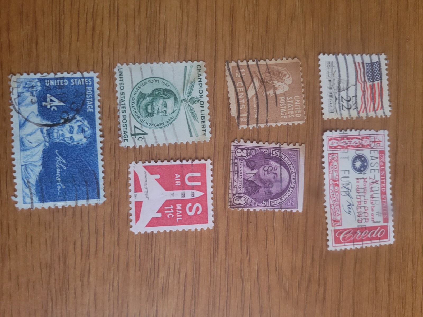 7 US old stamps. 1.5, 3, 4, 11, and 22 cents stamps. Used but mint condition