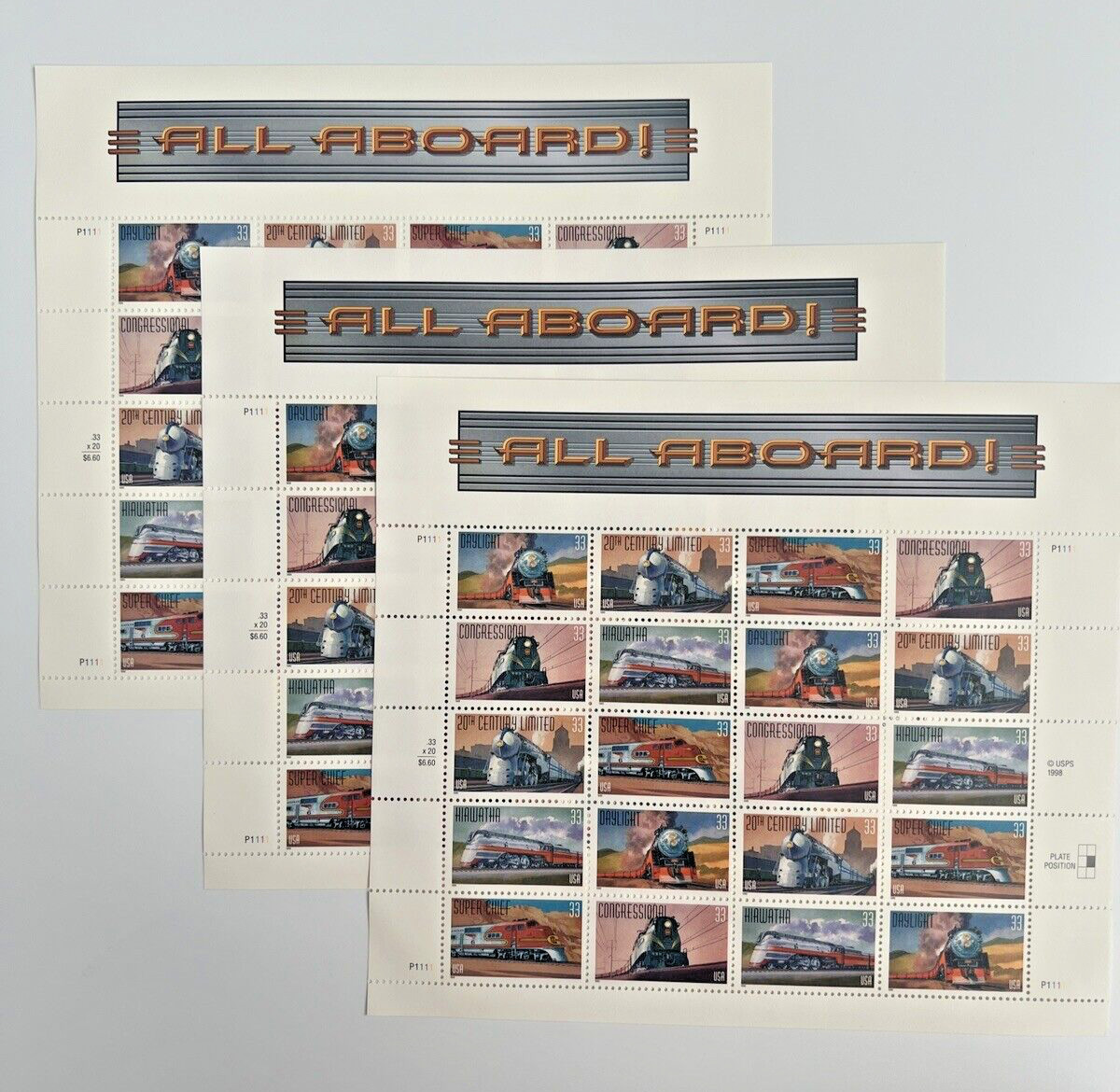 Scott #3333 All Aboard Rail Trains 33¢ Postage – 3 Sheets = 60 Stamps FV$19.80