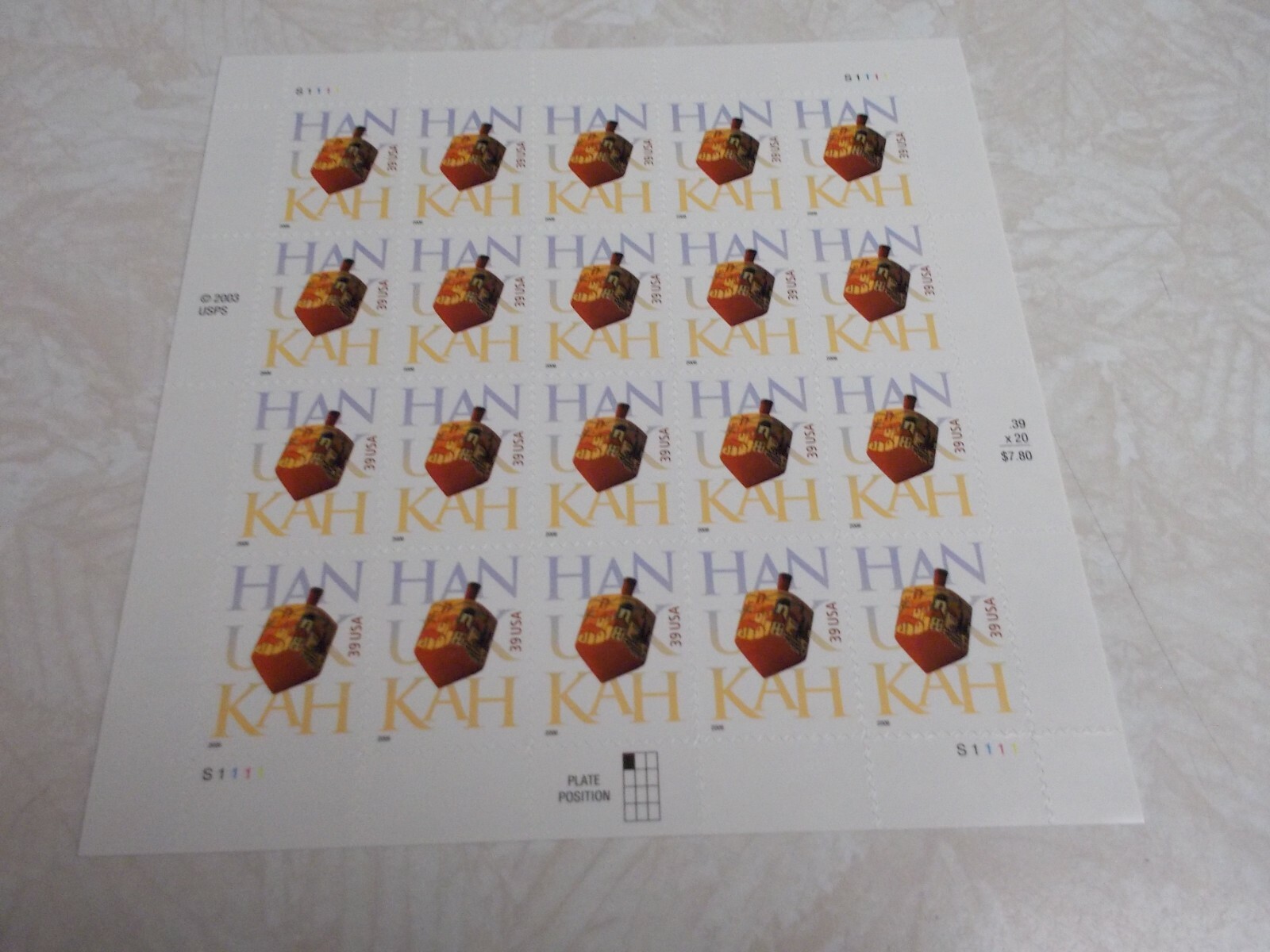 #4118 HANUKKAH 2003/2006 Sheet of 20 39 Cent Stamps MNH Free Shipping