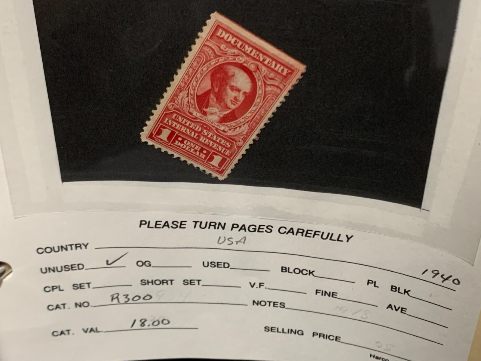 US Stamp revenue Documentary 1940 R300 $1 Unused (1x)
