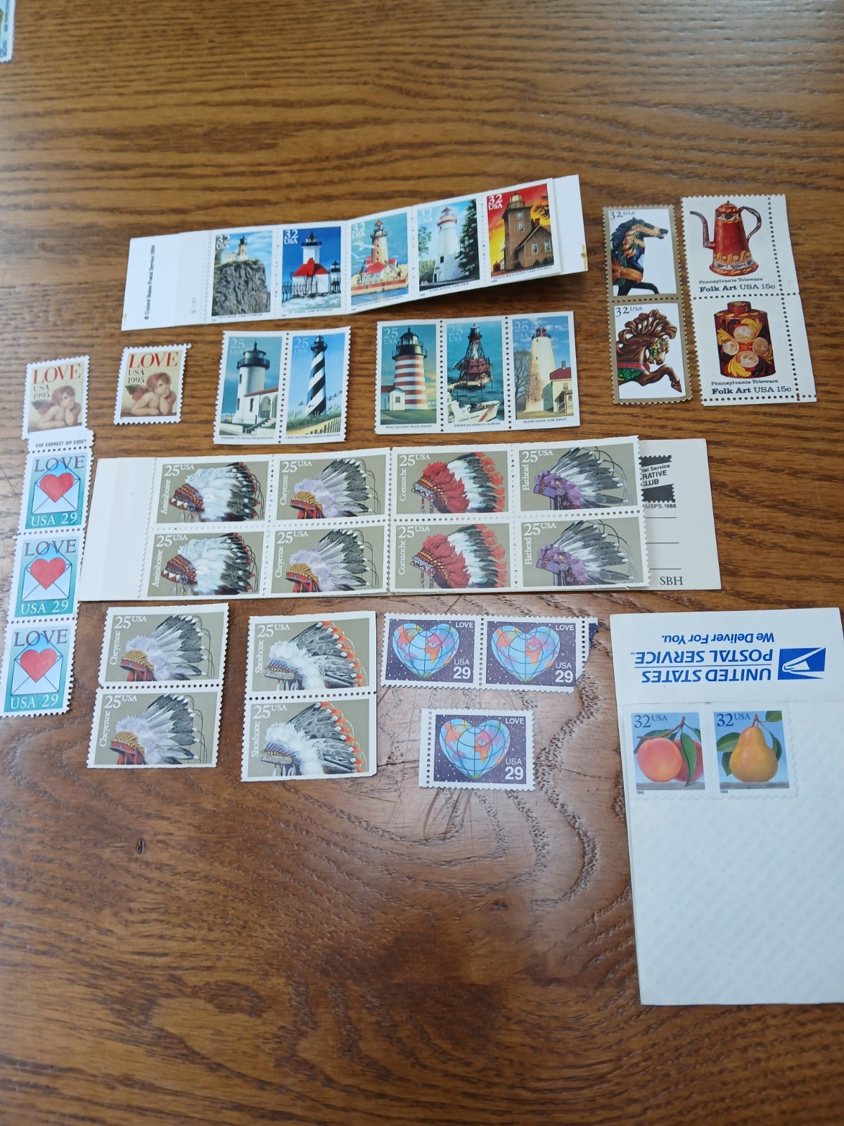 USPS 39 Stamps Love, Lighthouses, folk art, Indian Headdresses15 cent to 32 cent
