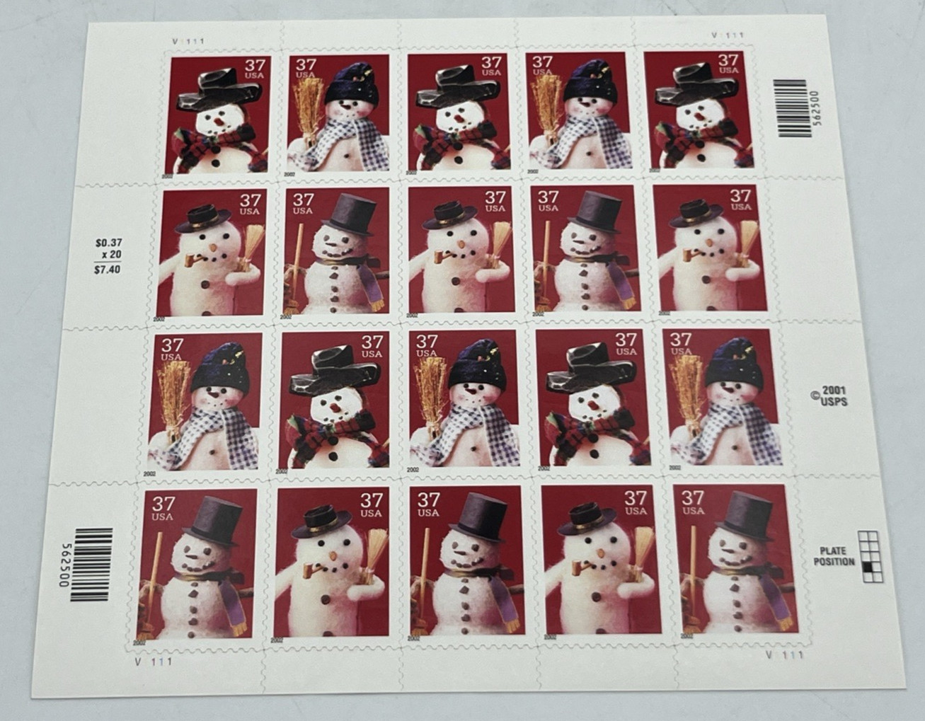 2002 37 Cent Christmas Snowman Full Sheet of 20 Scott #3676-3679 MNH