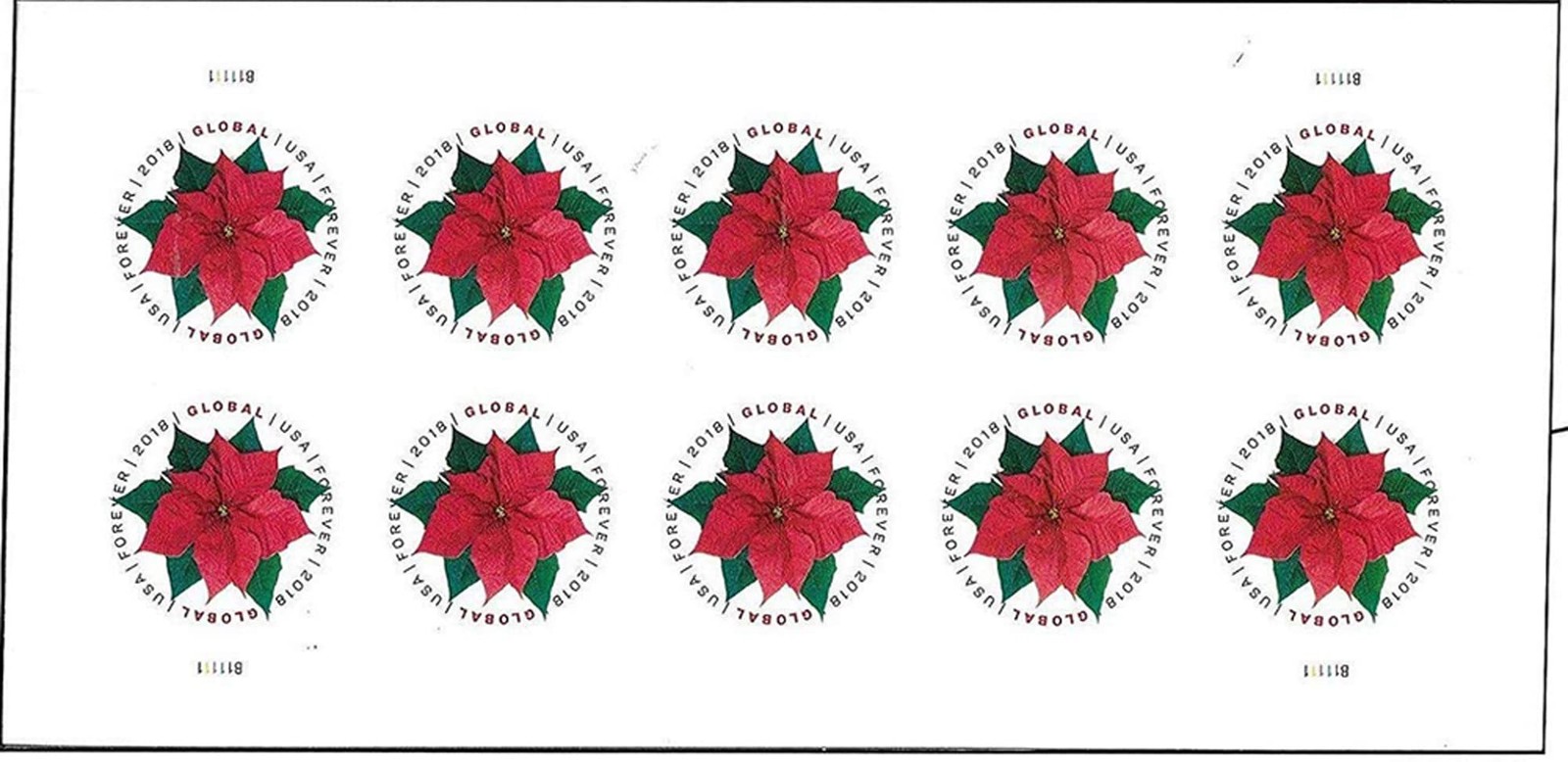 Global Poinsettia 1 Sheet of 10 International First Class 1 10