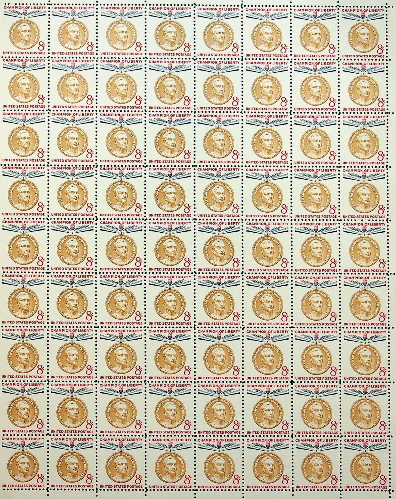 US SHEET OF 72 JOSE DE SAN MARTIN STAMPS 8 CENT FACE -A-23