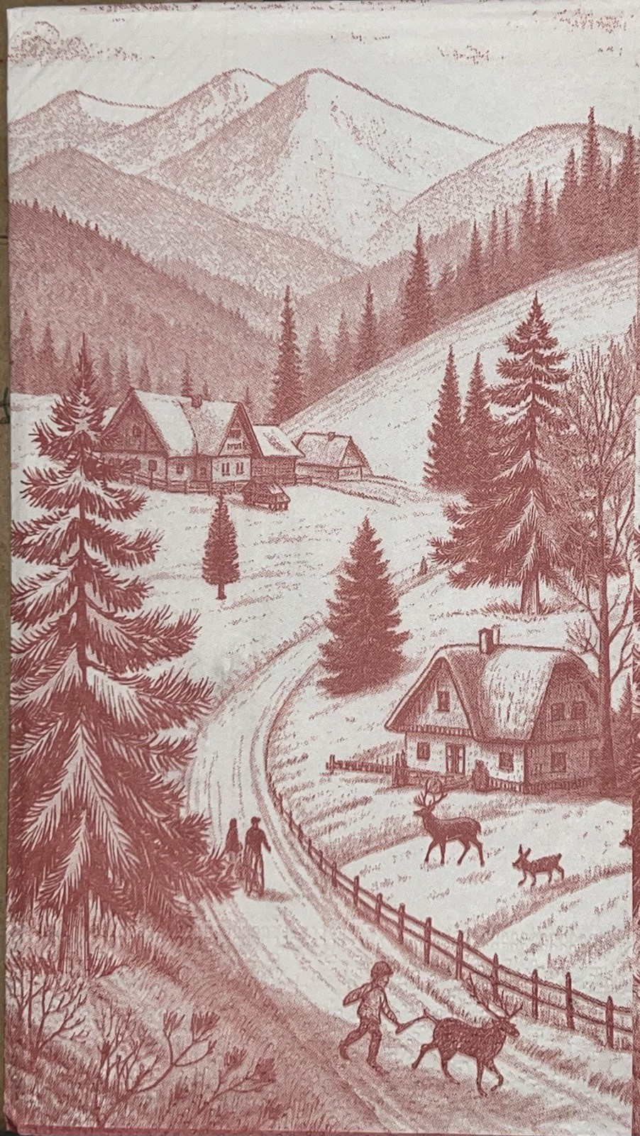 Three Individual paper dinner Decoupage Napkins Red White Countryside Toile Tree