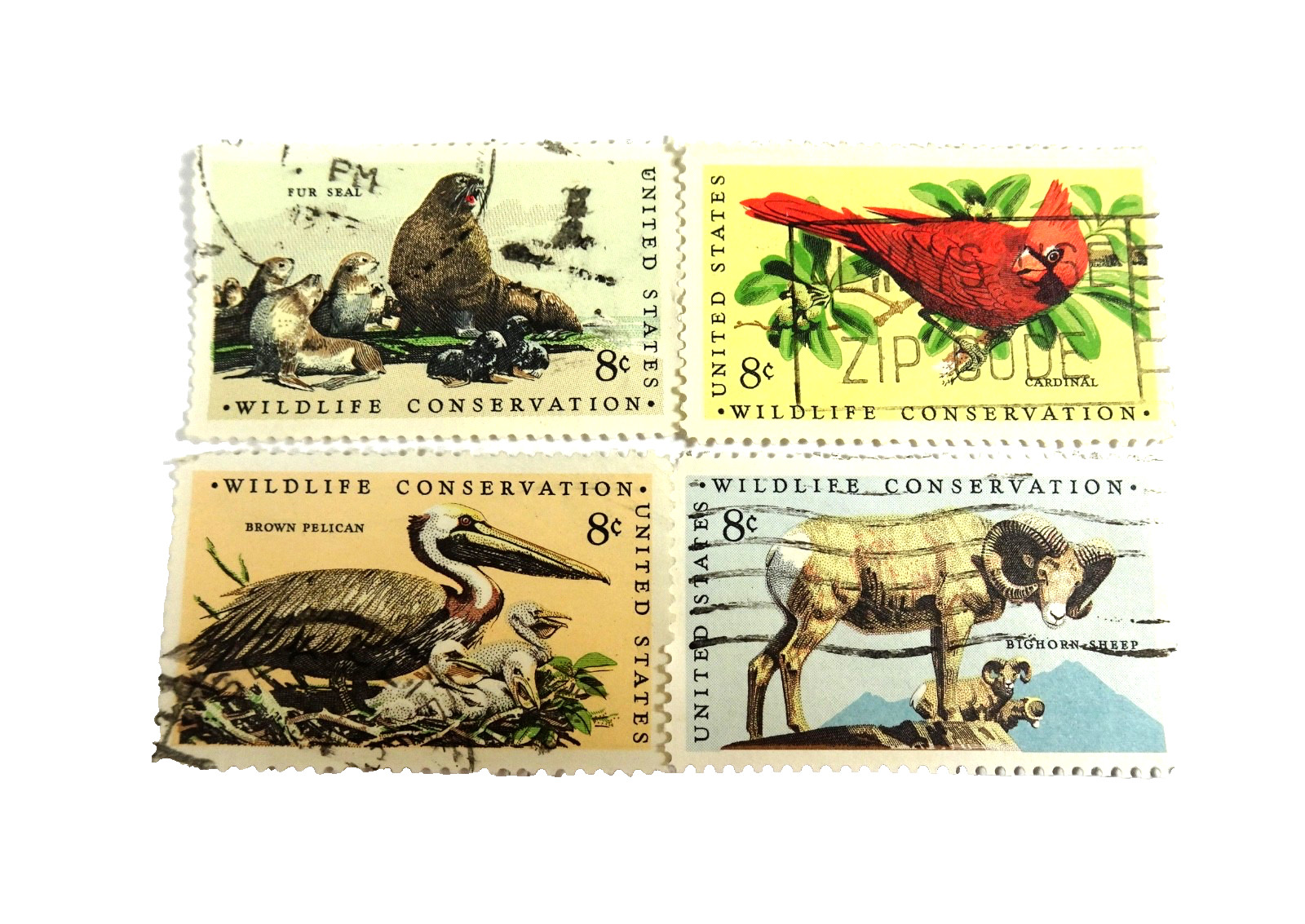 Set of 4 WILDLIFE CONSERVATION Cancelled US Postage Stamps 1972 Art Paper Crafts