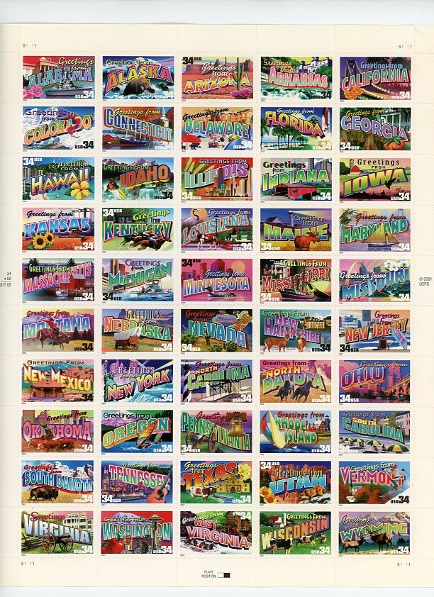 “Greetings From America” 2002 sheet of 50 US Stamps, one design for each state