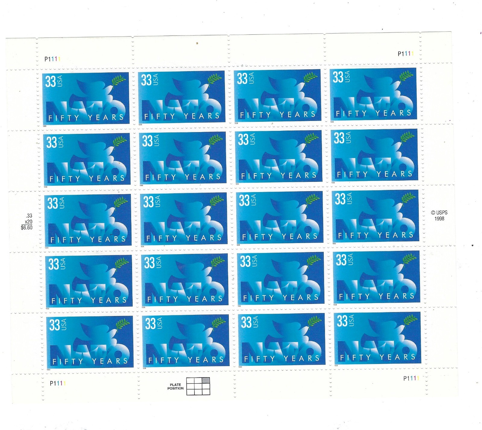 US 33¢ “50 years NATO ” Postage Stamp #3354 MNH -OG Full Sheet of 20