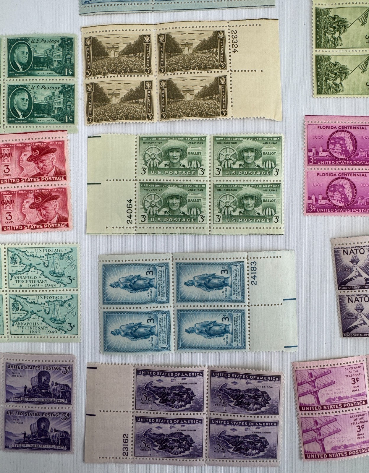 13 Different US Commemorative Plate Blocks of 4 1945–1952 American History