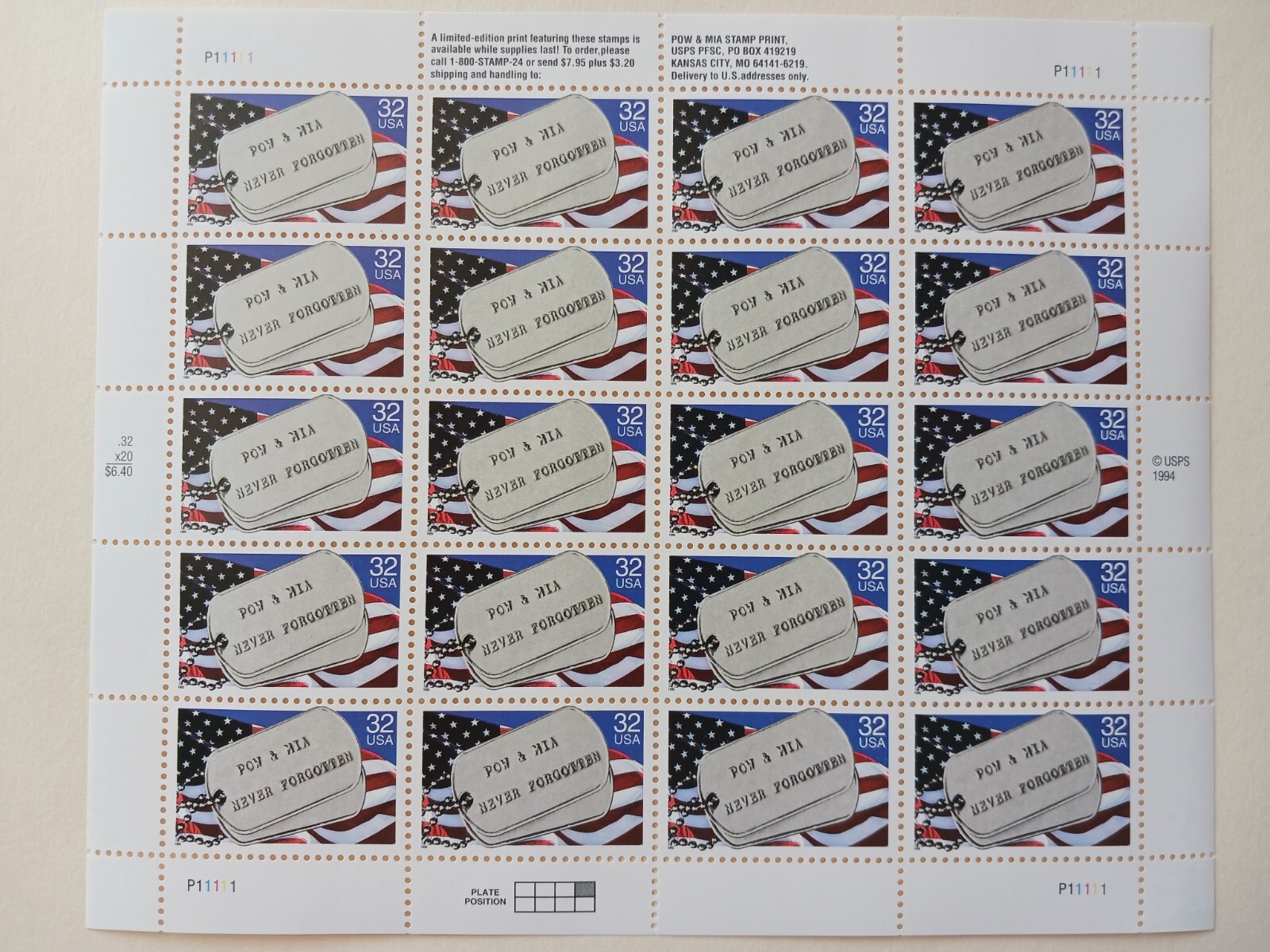 POW MIA Never Forgotten Sheet of 20 Stamps Scott #2966