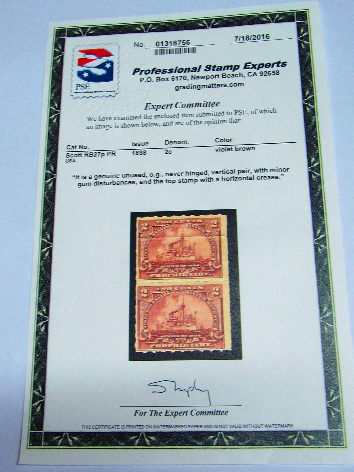 COOL PSE Certified Stamp! 1898 U.S. POSTAGE 2¢ U.S. Inter Rev Stamp STP-108-IB