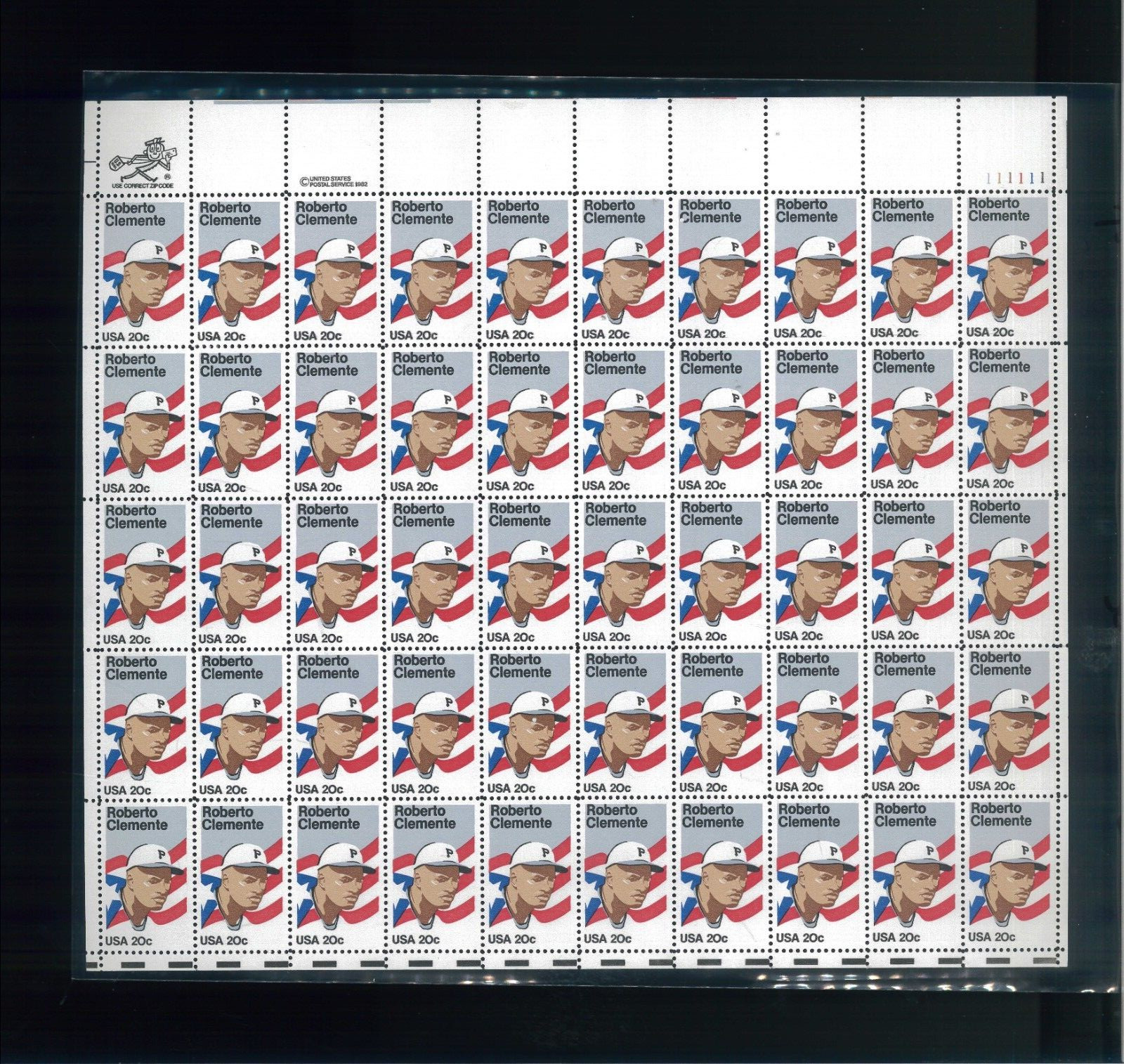 United States 20¢ Baseball Legend Roberto Clemente Postage Stamp #2097 MNH Sheet