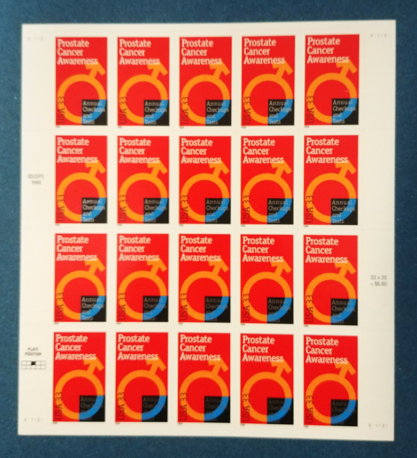 33 cent stamps Prostrate Cancer Awareness sheet pane of 20