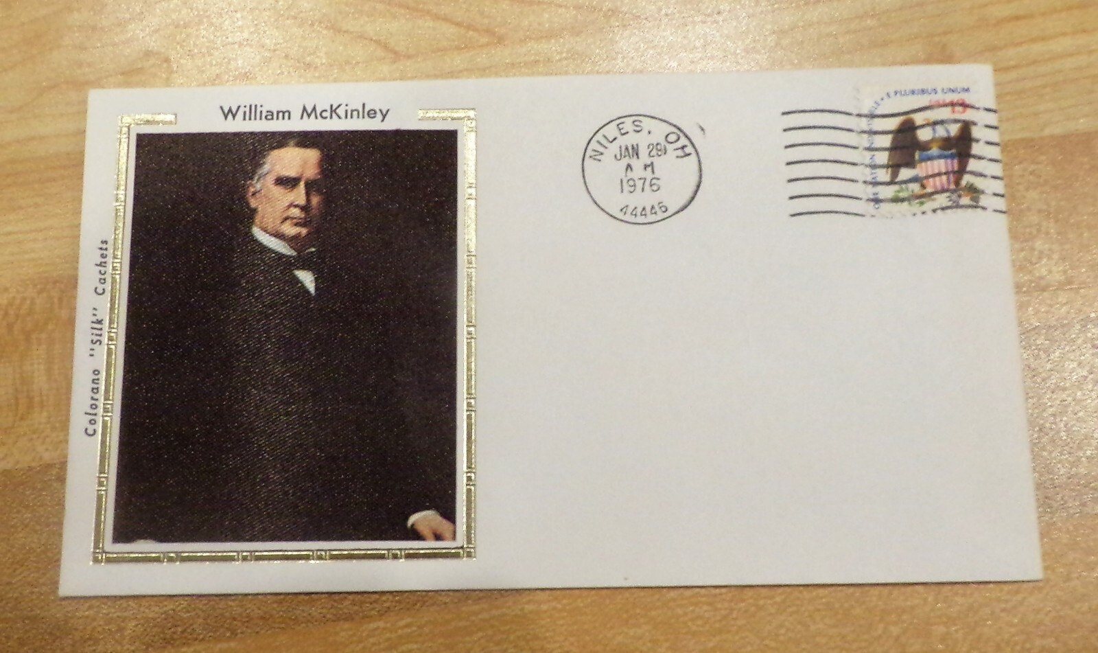 Stamp – William McKinley, 13 cent stamp, 1-29-76, Colorano “Silk” Cach