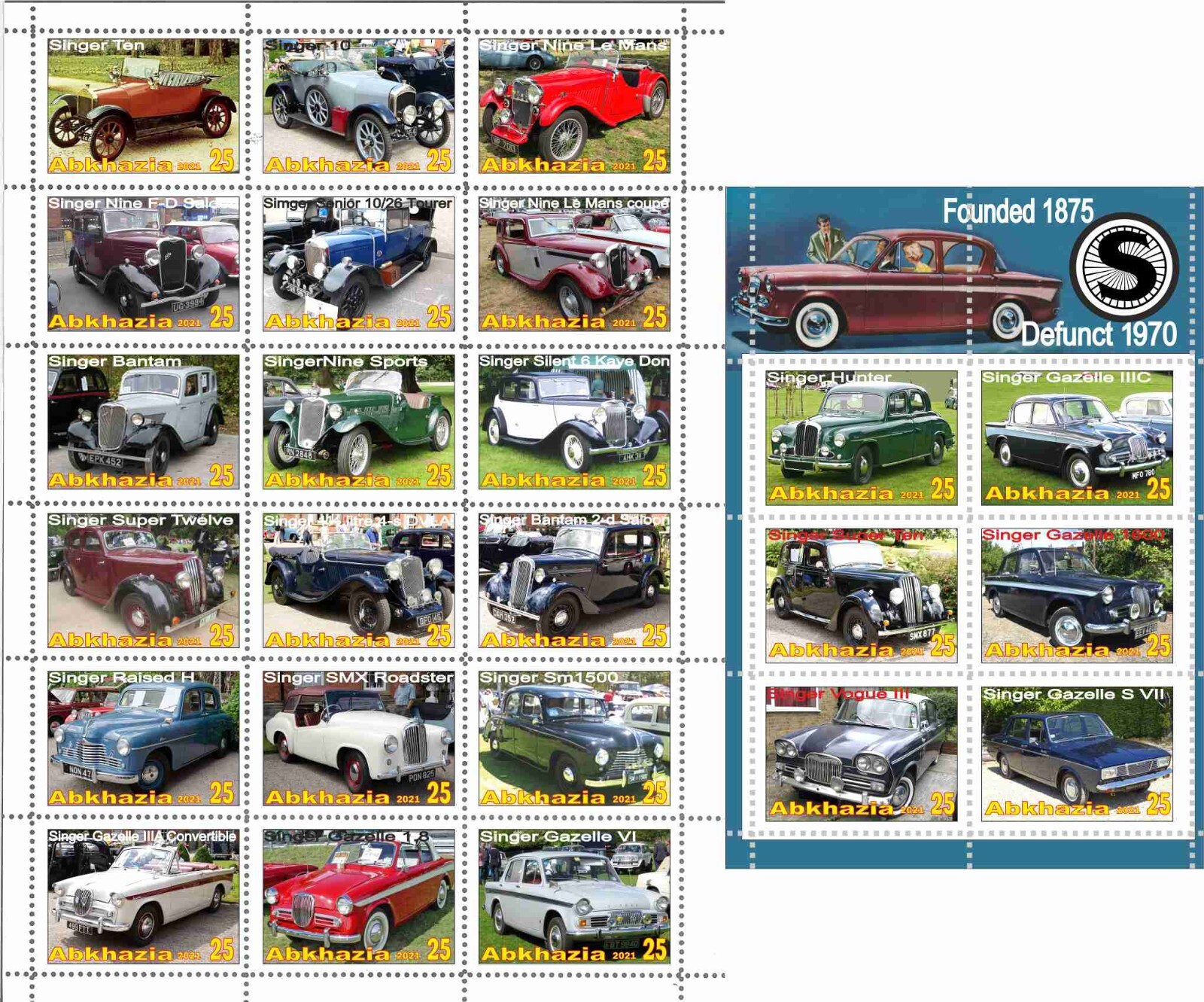 Stamp block+sheet Singer Automobile company Car producer Abkhazia 2021 issue