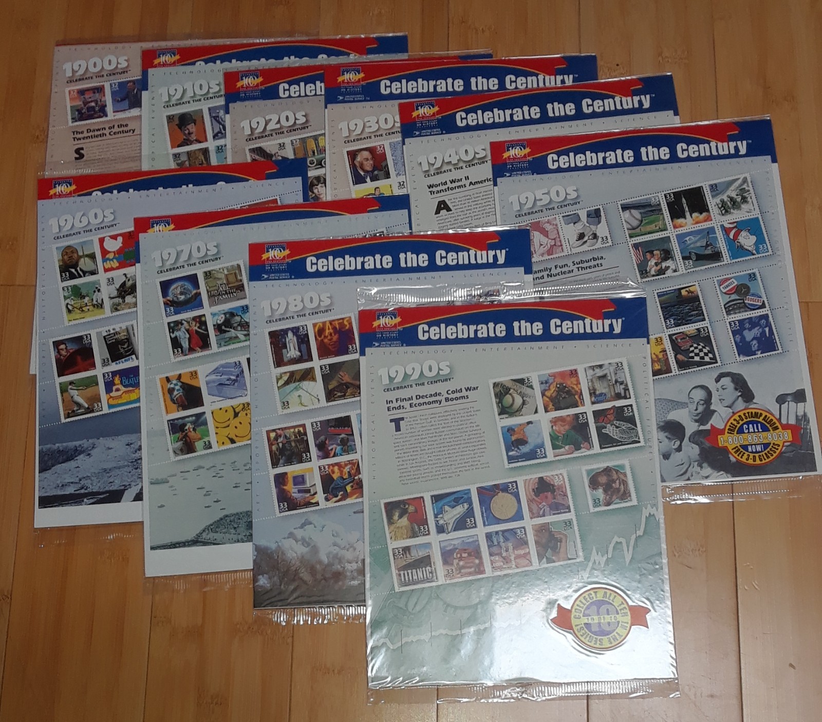 Sealed CELEBRATE THE CENTURY 1900-1990. Complete 10 Sheet Set US Stamps ….