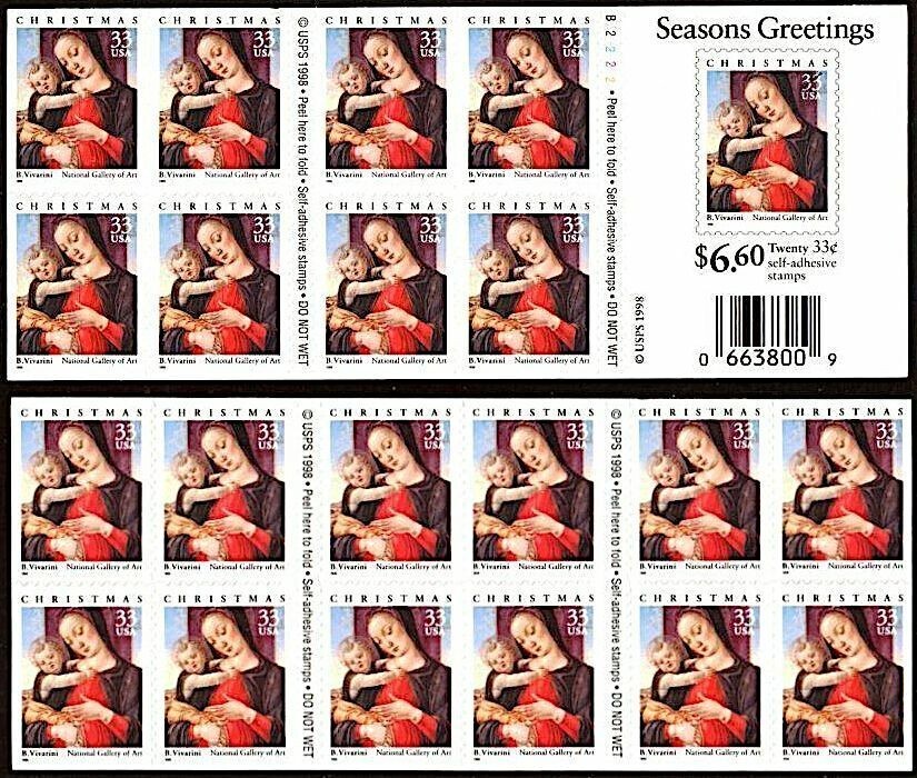 Three x 20 = 60 of MADONNA & CHILD 33¢ US Christmas Stamps by B. Vivarini 3355a