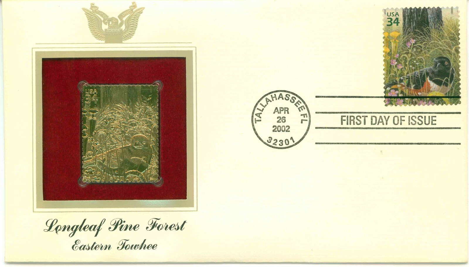 First Day Of Issue Apr 26 02 Tallahassee FL 22kt Gold Replica Eastern Towhee