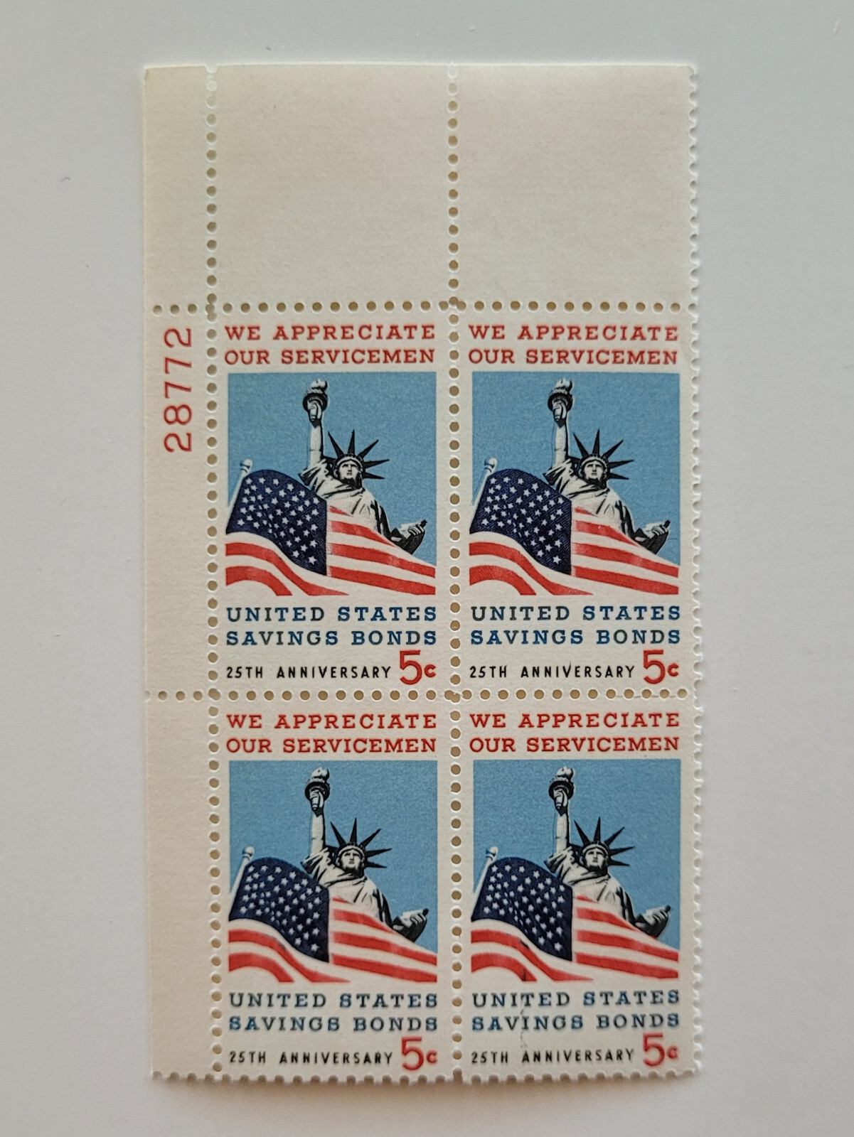 1966 US Savings Bonds 25th Anniversary 5c Block of 4 Stamps Scott #1320 MNH OG