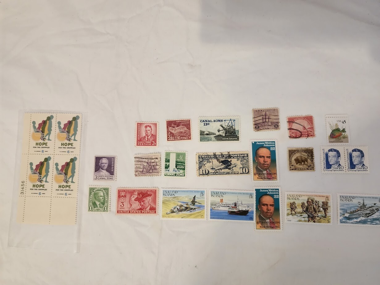 25 VINTAGE STAMP LOT Falkland Islands “Canal Zone” NRA James Weldon Chennault