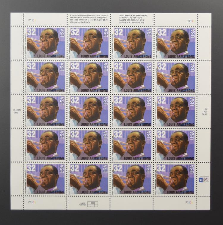 US SCOTT 2982 LOUIS ARMSTRONG PANE OF 20 STAMPS 32 CENTS FACE MNH