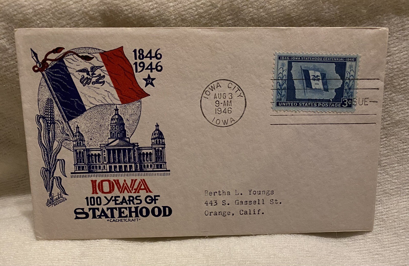 1946 Scott 942 3 Cents Iowa Staehle FDC Addressed Planty 942-12. #16