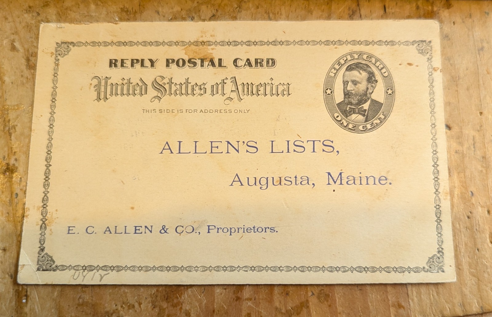 1873 United States Reply Postal Card, featuring a 1-cent imprinted stamp