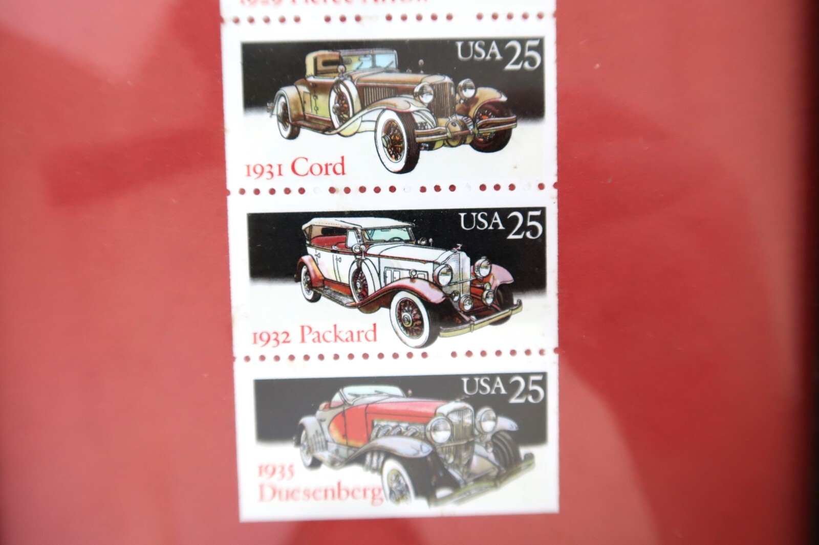 Vtg 5 Stamps Packard Cord Duesenberg Pierce Arrow Locomobile Unused Framed 1988