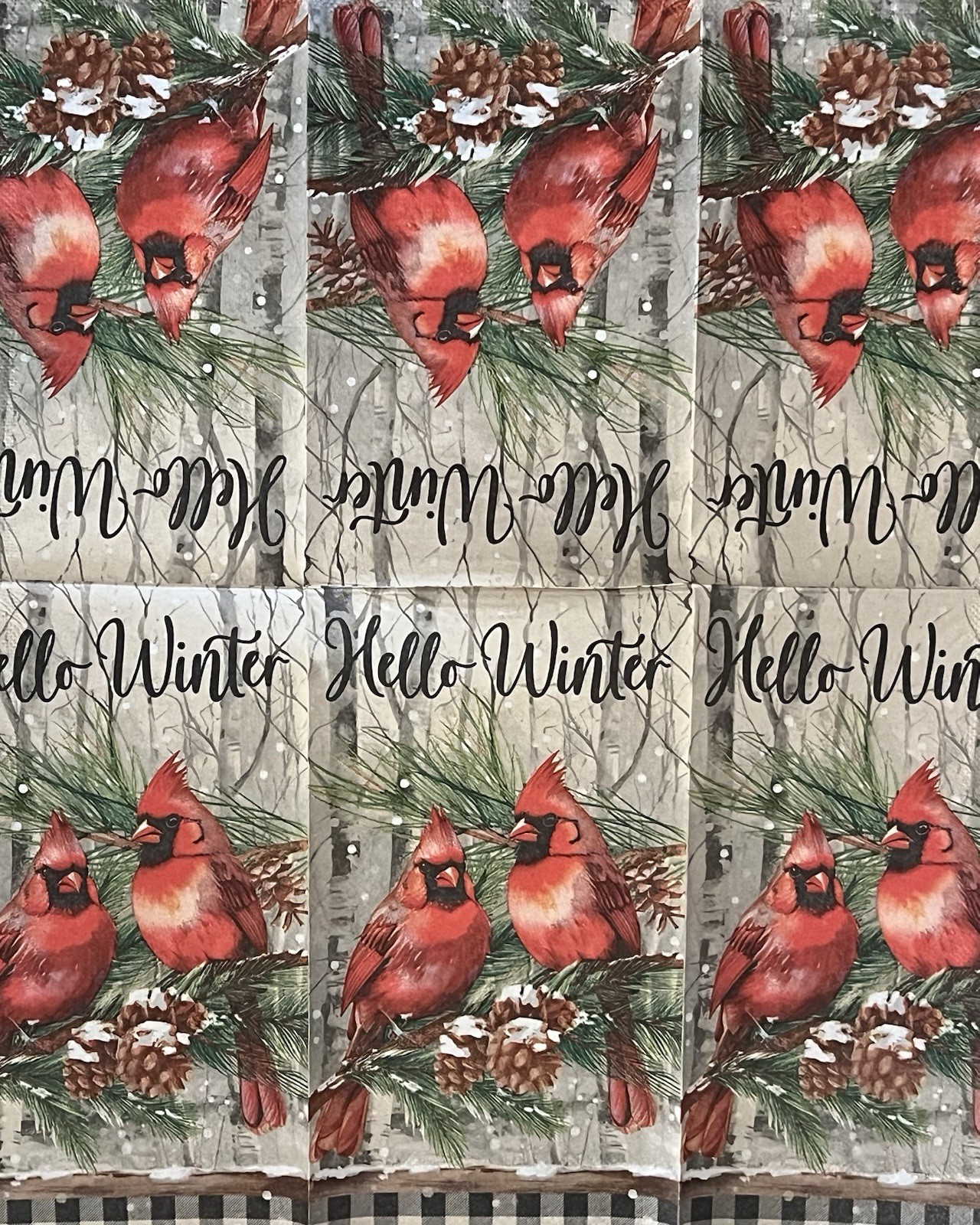 Two Individual dinner Decoupage Napkins Red Birds Snow Christmas Pine Cones