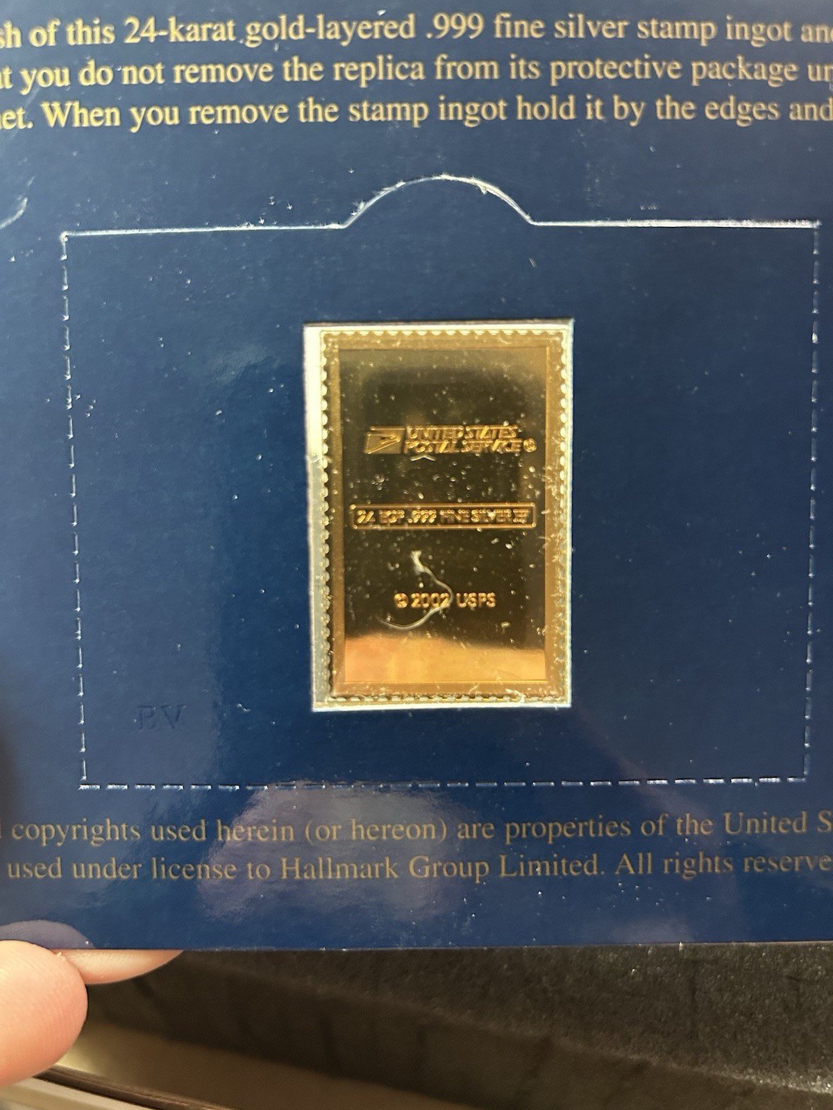 2002 USPS Gold Plated Silver Stamp 24EGP .999 Fine Silver Bar