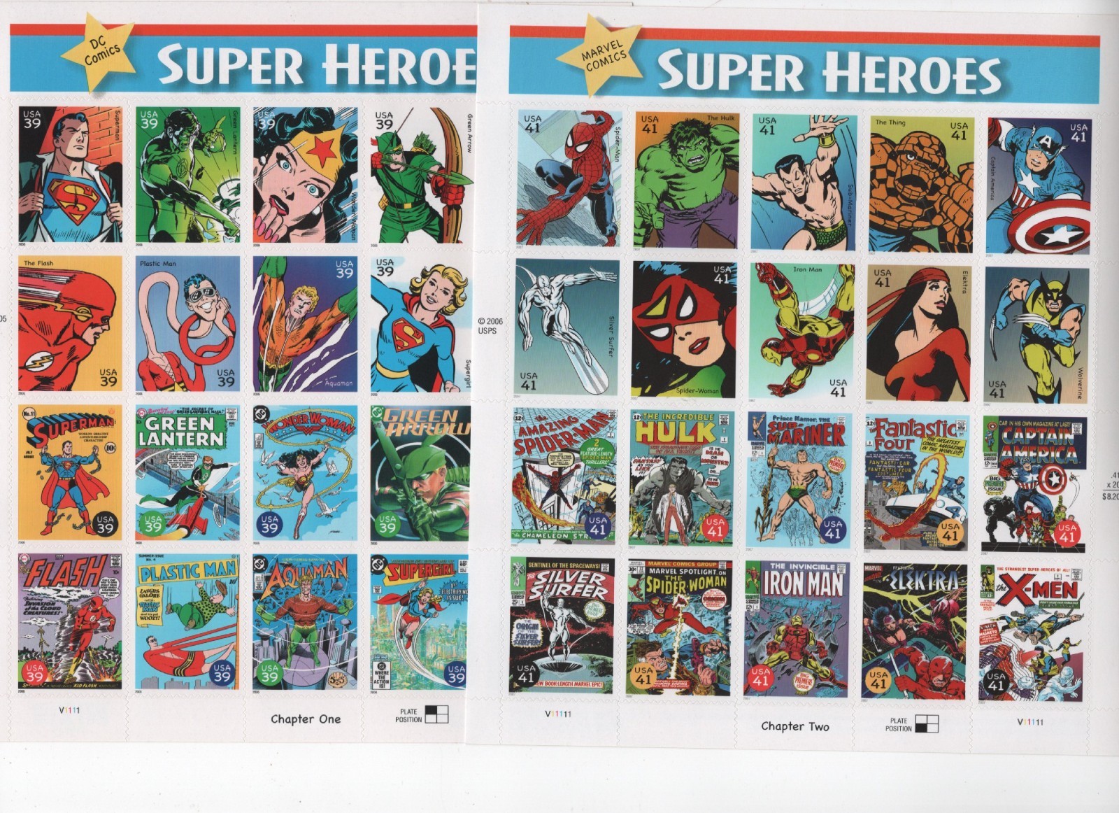 Combo 1 Sheet each of SUPER HEROES 39¢ (DC) & 41¢ (MC) US Stamps Sc #4084 & 4159