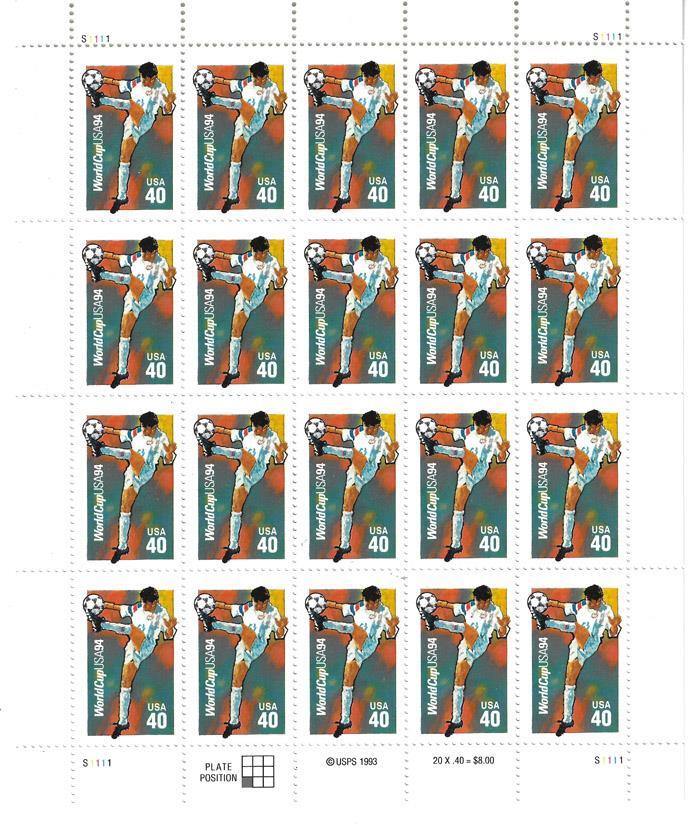 US SCOTT 2835 SOCCER PANE OF 20 STAMPS 40 CENTS MNH