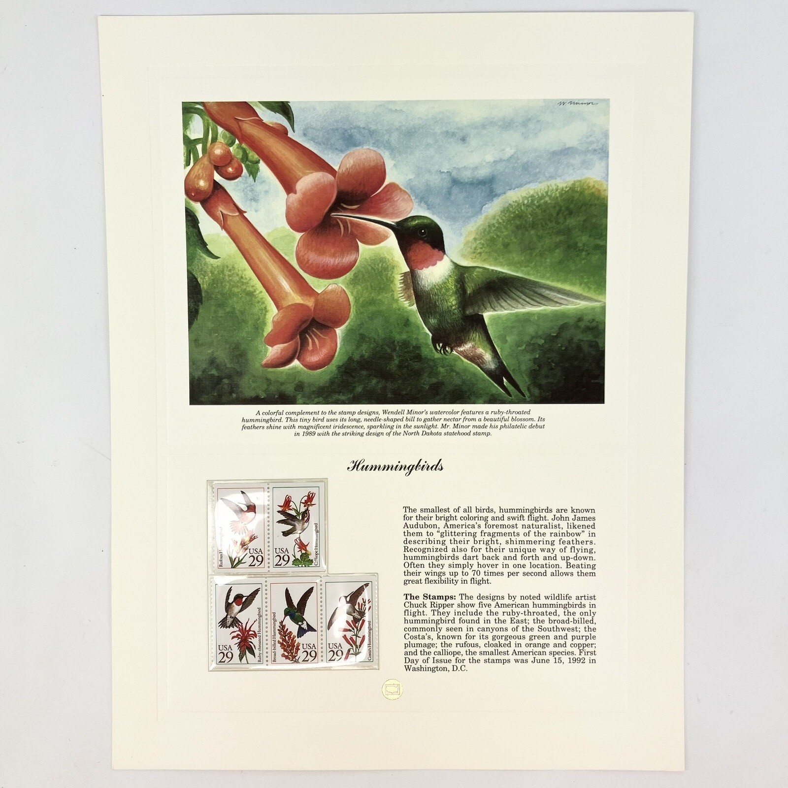 Wendell Minor Hummingbirds Postage Stamp Art USPS Farmable Gift 1992